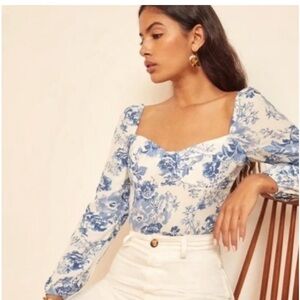 ❤️‍🔥BOGO FREE NWT reformation Reign Olympia Blue Floral Smocked Long Sleeve 16